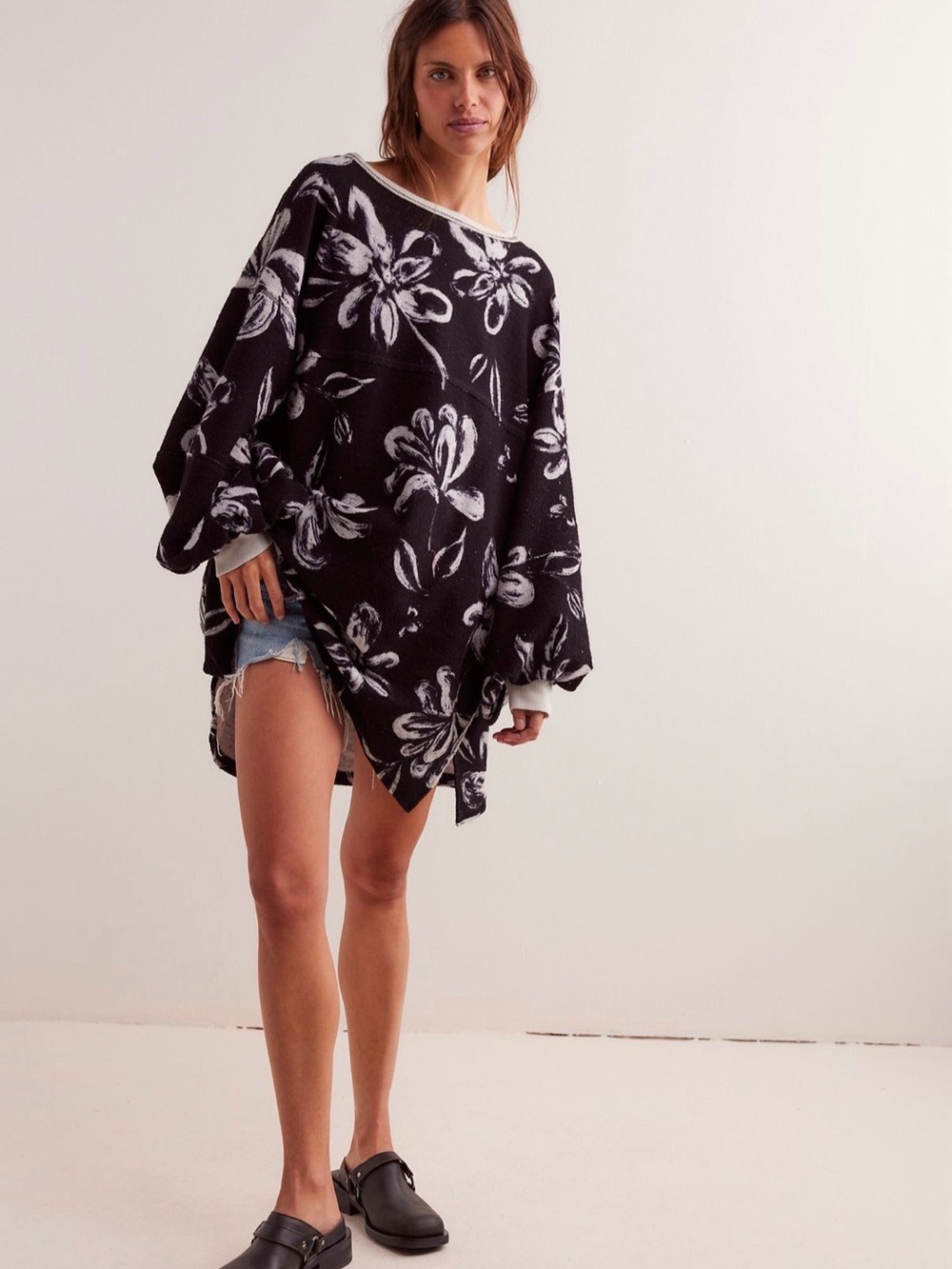 Free People Black Floral Scoopneck Sweater with White Print - Picture 3 of 6